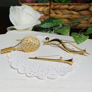 Vintage Brooches, Lot of 3, Gold tone Swimmer, Tennis Racquet, and Horn